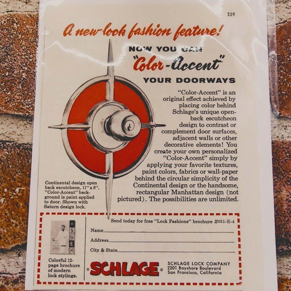 1956 Schlage Color Accent Doorknob Starburst MCM Style‎ - Orig Vtg Print Ad